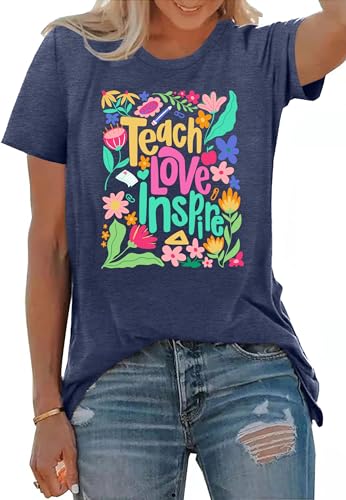 PECHAR Teacher Shirts Women Teach Love Inspire Boho T Shirts Funny Wildflowers Short Sleeve Tee Tops