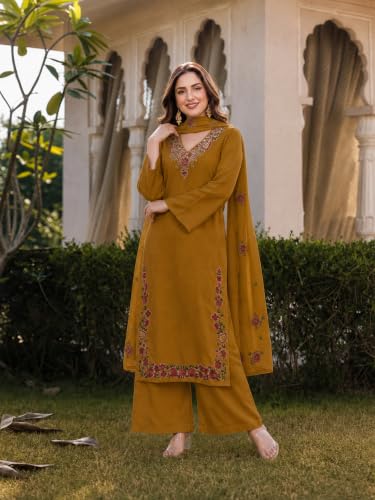 Image of ANNI Designer Kurta Sets for Women Viscose Blend Embroidered | Kurta Palazzo Dupatta Set | Designer Kurti Set for Women | V Neck Full Sleeve Ethnic Suit | Indian Kurta Outfit with Palazzo Pants
