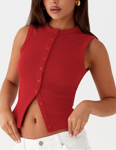 Image of Bozanly Womens Button Down Ribbed Tank Top Summer Sexy Sleeveless Slim Fit Y2k Crop Going Out Tops(0947-Red-XS)