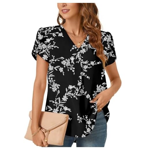 Bestbee Womens Plus Size Petal Short Sleeve Dressy Chiffon Blouses V Neck Tunic Tops Cute 2024 Summer Shirts Casual T-Shirts, 2XL, Black-White Flower