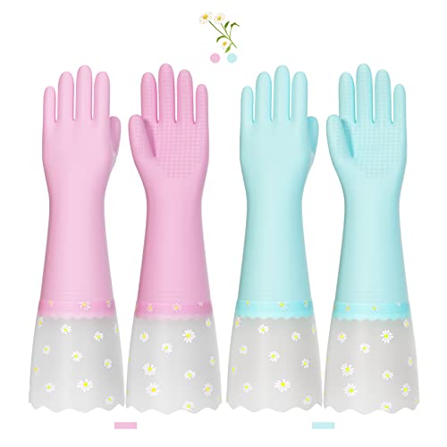 KAQ Reusable Rubber Gloves for Dishwashing Cleaning, Non-Slip Cotton Lining Washing Glove Kitchen Waterproof Household Gloves