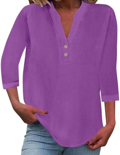 Cotton Linen Tops for Women V Neck Button Down Shirts Long Sleeve Tops Lightweight Sweatshirts Fall Clothes 2024
