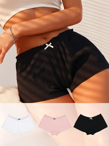 SweatyRocks Women's 3 Piece Low Rise Bow Front Boyshorts Panties Ribbed Knit Comfy Underwear Briefs2