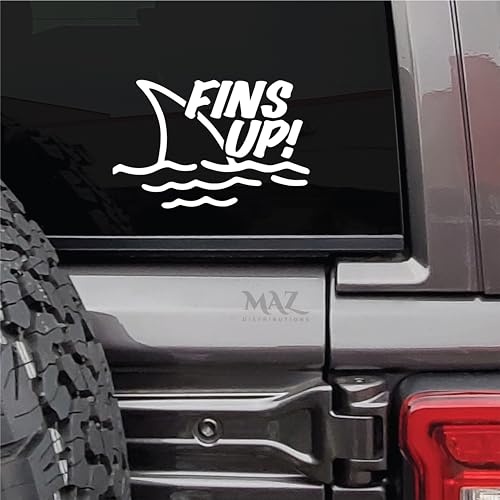Image of MAZ DISTRIBUTIONS - Fins Up Sticker - Vinyl Shark Fins Decal for Laptop - Removable Waterproof Sticker for Waterbottle - Useable Indoor and Outdoor - Easy use for Car, Van, Trucks and Bag - MAZ - 404