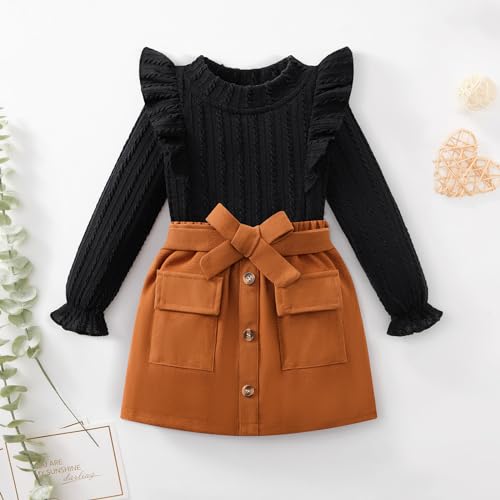 Image of Weixinbuy Toddler Girl Fall Winter Clothes Solid Long Sleeve Ribbed T-Shirt Knit Tops Plaid Button Mini Skirts Set Outfits