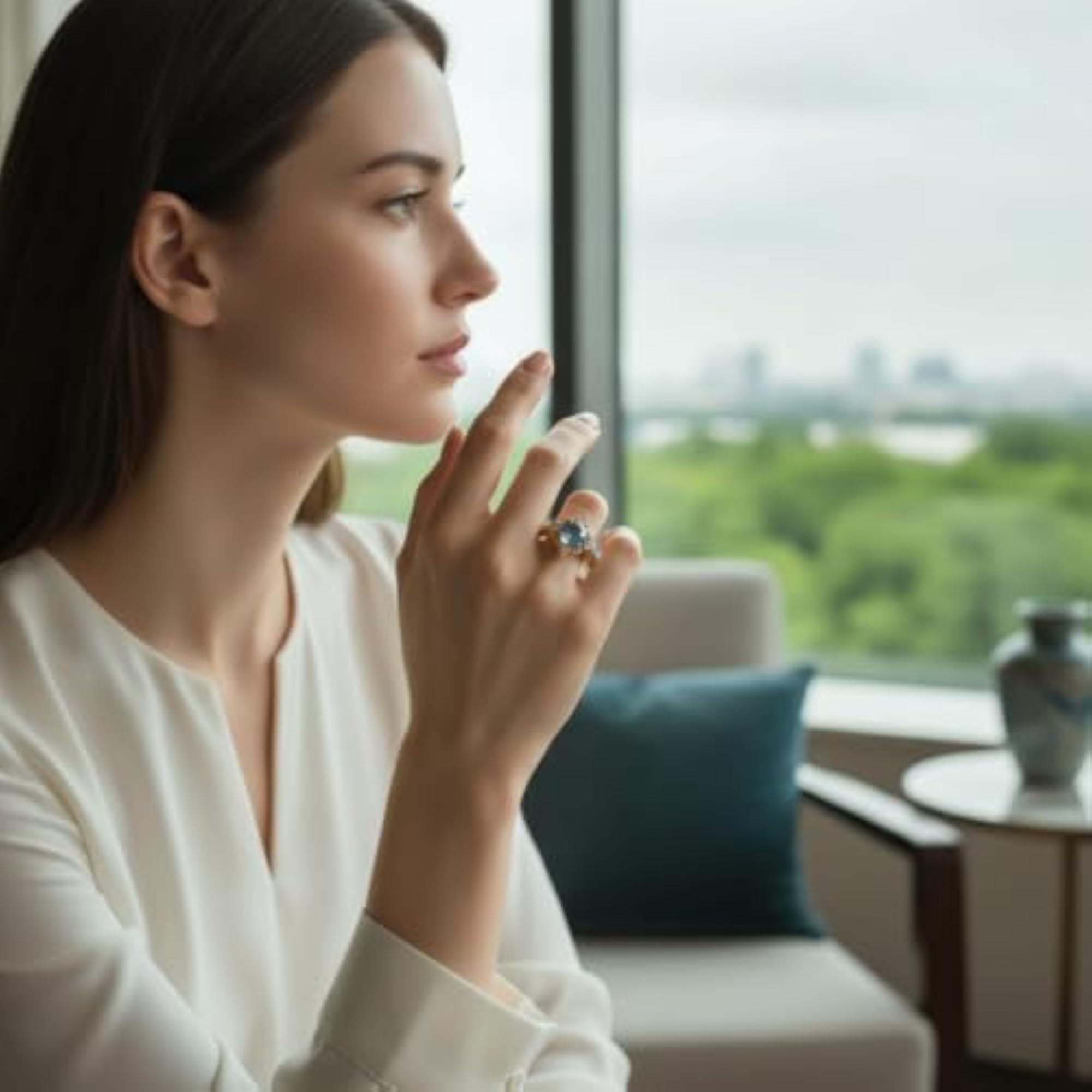 Women's Gold-Tone Accented Round Band Ring with Blue Stone, Everyday Wear