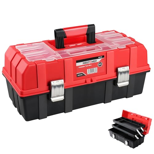 Image of MAXPOWER 16-Inch Tool Box, Three-Layer Folding Plastic Storage Toolbox, Multi-Function Organizer with Tray and Dividers, Tools Box with Stainless Steel Lock
