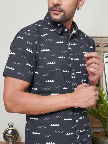 Image of Black Cotton Shirt with White Color Abstract Print | Lightweight Airflow Tech - Advanced breathable weave provides excellent ventilation during hot weather or parties.