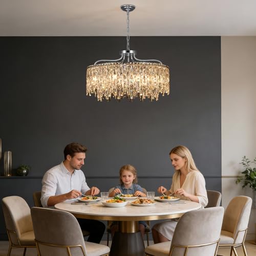 Image of 10 Lights Chrome Round Crystal Chandeliers for Dining Room 28 inch