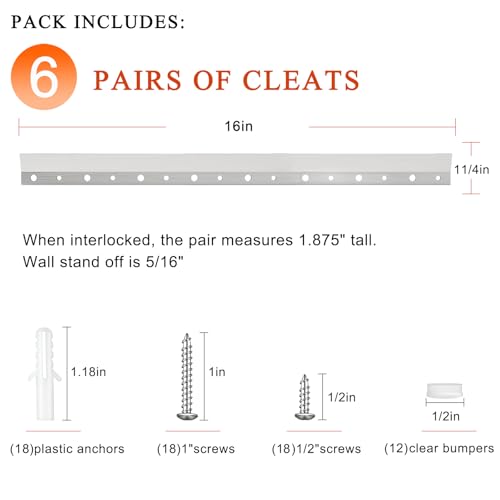 Image of French Cleat Hanger 16 Inch - 6 Pairs, Z Bar Hanger Supports 60 Lbs, Interlocking Wall Mounting Bracket Hardware Kit for Hanging Mirrors, Picture, Shelf, Whiteboard, Art, Frames