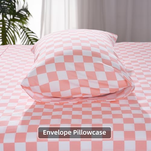 Image of Best Season Queen Size Sheet Set 4 Piece -Microfiber Soft Durable Bedding Sheet Set,Deep Pocket,Stain,Fade & Wrinkle Resistant (Plaid Coral&White)