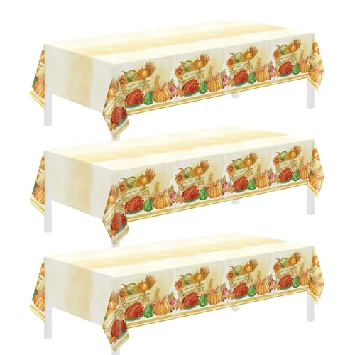 Image of Childom 3 Pack Thanksgiving Tablecloths,Thanksgiving Decorations 54x108 Inch Plastic Table Cloth Rectangle Table,Disposable Tablecloths for Home,Picnic,Birthday,Outdoor,Friendsgiving Party Decorations