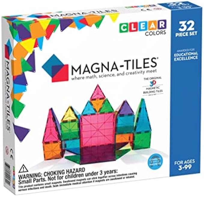 Magna-Tiles 32-Piece Clear Colors Set, The Original Magnetic Building Tiles For Creative Open-Ended Play, Educational Toys For Children Ages 3 Years +