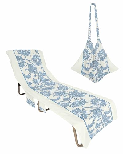 Green Ethnic Flowerl Beach Chair Cover with Side Pockets, Microfiber & Quick Dry Pool Chaise Lounge Chair Towels Covers for Sun Sunbathing Patio Garden Hotel, Vintage Bohemian Farmhouse