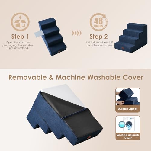 Image of EHEYCIGA Dog Stairs for Bed 20 inch H, 4-Step Extra Wide Dog Steps for High Bed, Pet Steps for Small Dogs and Cats, Non-Slip Balanced Pet Ramp Indoor, Navy Blue