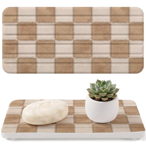 Water Absorbing Stone Drying Tray for Bathroom Sink 2 Pack Brown Linen Texture Diatomite Quick Dry Stone Mat with Wooden Feet Bohemian Patchwork Checkerboard Drying Mat for Kitchen Counter 8.3"x4"