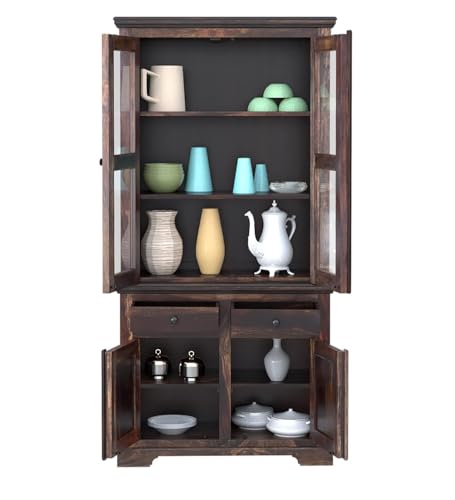 Image of Solid Sheesham Wood Imperial Storage Cabinet|Wooden Display Unit for Kitchen |Wooden Bookshelf with Drawers for Living Room(Warm)