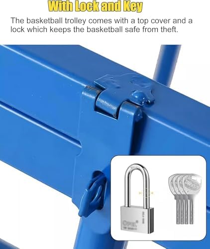 Heavy-Duty Lockable Ball Storage Cart with Wheels, Stackable Metal Sports Equipment Organizer, Basketball & Football Rack for School/Gym (90x80x85cm)