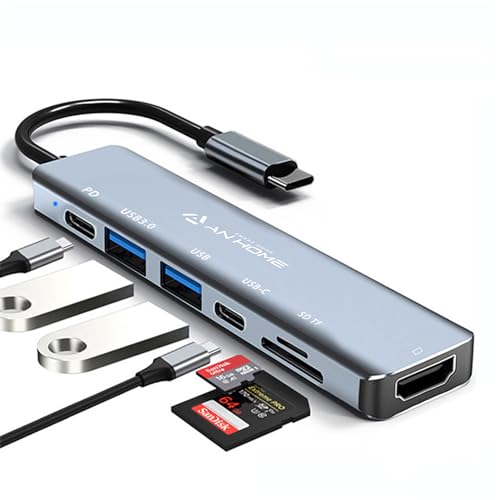 AnHome USB C Hub HDMI Adapter SD Card Reader 7-in-1 Multiport USB-C Dock Converter with 87W PD Charging for Apple MacBook Pro Air and Laptop Computers