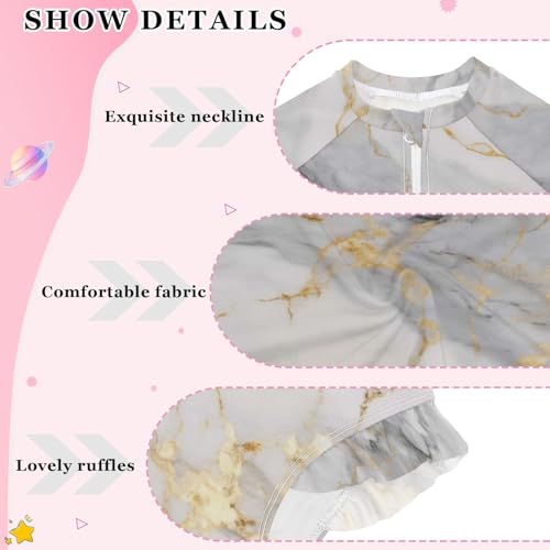 ALAZA Toddler Swimsuit Girl Bathing Suit Swimwear Rash Guard White Marble Long Sleeve 3T4