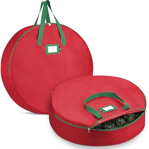Masirs Christmas Wreath Storage Bag- 2-Pack - Durable Fabric Material, Zippered, Reinforced Handle and Easy to Slip The Wreath in and Out. (RED) Cover