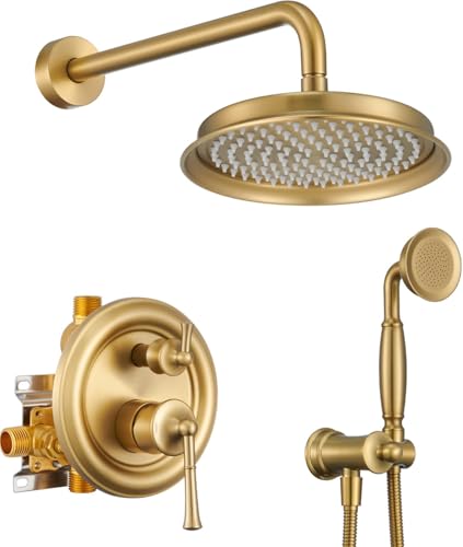 Image of Rainfall Shower Head with Handheld Combo, Brushed Gold Shower System with Balance Pressure Valve, 9 inch Shower Head and Faucet Set, Rain Shower Head with Handheld Spray Wall Mount(B2312-BG)