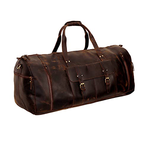 Large Leather Duffel Bag Large Travel Bag Gym Sports Overnight Weekender Bag Carryall Weekender Travel Overnight Gym Sports Carry On Duffel Bag For Men And Women (BROWN)4
