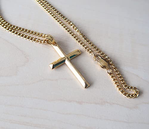 14K Gold Chain Small Cross Pendant Necklace Solid Clasp for Women, Men, Wife, Husband, Thin for Charms Miami Cuban Link Diamond Cut Religious Beveled Edge2