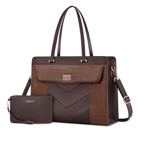 MOSISO Laptop Tote Bag for Women, 15.6 inch PU Leather Large Capacity Handbag & Clutch Purse & Flapover Pocket, Crocodile Grain Waterproof Computer Bag Work Briefcase for Business Office, Brown