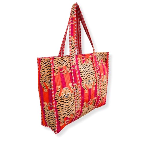 Bolso tote acolchado de algodón con estampado de tigre para mujer, bolso reversible de hombro, ligero para compras y viajes, regalo estilo jungla para ella | Sensación suave acolchada miniatura 5