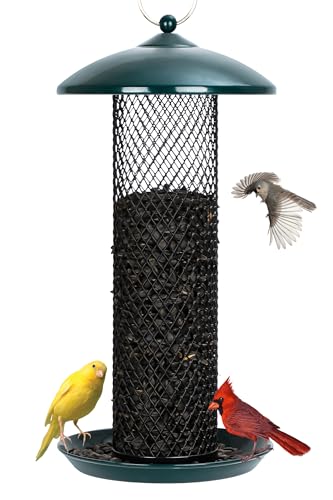 Gtongoko Bird Feeder for Outside, Metal Mesh Tube Bird Feeders 2.5 lbs for Sunflower Seeds or Mealworm, Large Capacity, Green, 1 Pack