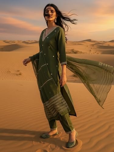 Image of INDO ERA Women's Viscose Self Design Straight Kurta with Pant & Dupatta Set