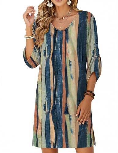 Image of Zeagoo Womens Boho Dresses Casual Beach Summer Dress Tassel Tie Neck 3 /4 Long Sleeve Mini Sundress 2026 Floral Print Cover Up