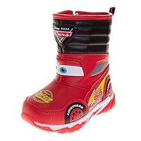 Disney Cars Snow Boots with Lights - Lightning McQueen Winter Boot for Boys - Fur Lined Insulated Waterproof - Red/Black (size 11 Little Kid)