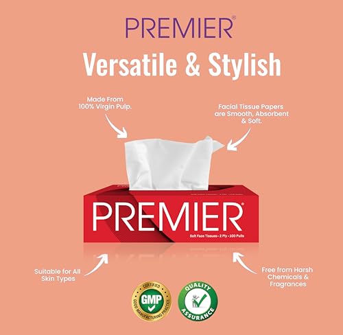 Image of Premier 2-Ply Box Face Tissue Papers - 100 Pulls per Box (Pack of 4, 400 Pulls, 800 Sheets) -Ultra Soft, Gentle & Highly Absorbent Facial Tissues for Home, Office, Car & Travel | Red