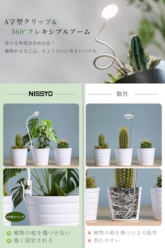 NISSYO 【2025年最新型植物育成ライト・日本正規品】 植物育成ライト LED フルスペクトル 自動オン/オフ タイマー 3/6/12h 4段調光 均一照射 高演色 クリップ式 テスクライト兼用 360°アーム 高さ 角度 調整可能 5W 省エネ 観葉植物/多肉/水耕栽培/室内栽培 NS-SL25H の商品画像 5