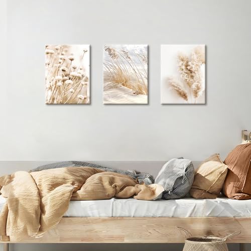 3Pcs Wooden Framed Canvas Wall Art Set Beige Dandelion Pampas Grass Reeds Painting Canvas Prints Coastal Beach Seascape Pictures for Living Room Bedroom Kitchen Hallway Stairs Wall Decor 30x40cm x3pcs - Image 3