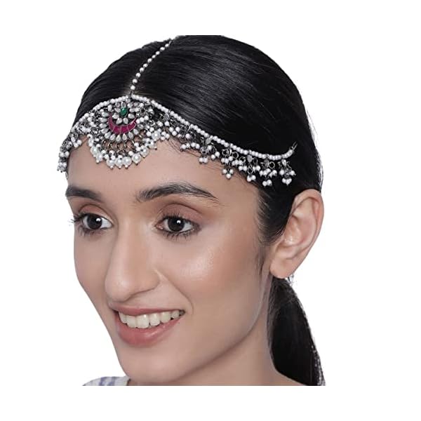 Accessher Traditional Silver Plated Stunning Mirrors and Meenakari Embellished Oxidized Mathapatti/Damini/Sheeshphool with Pearls for Women and Girls Pack of 1 - Image 4