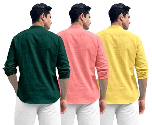Image of Zombom Combo of Men's Solid Cotton Polyester Blend Full Sleeve Mandarin /Chinese Collor Straight Kurta Shirt (Pack of 3)