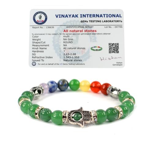 Image of Reiki Crystal Products Certified Natural Crystal Stone 7 Chakra with Hamsa 8 mm Round Beads Bracelet for Men & Women | Reiki Charged Gemstone Bracelet | Multiple Stone Variants Available