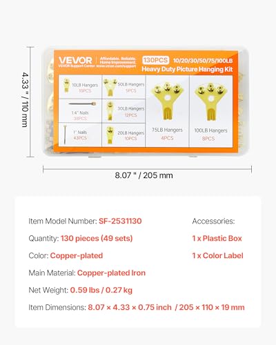 Image of VEVOR 130 Pieces Picture Hanging Kit, 10lb, 20lb, 30lb, 50lb, 75lb and 100lb Picture Hangers, Metal Pictures Hanging Hooks with Nails for Mirror, Painting, Photo Frame on Drywall & Wooden Wall, Gold