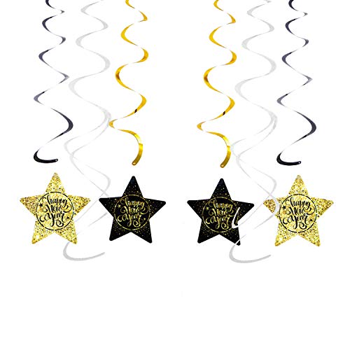 Oblique Unique® Happy New Year Wirbel Spiral Deckenhänger Girlande Set mit Sternen für Silvester Neujahr Party Feier Deko Schwarz Silber Gold Cover