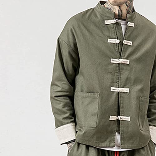 JEKE-DG Men Kung Fu Jacket Linen Tang Suits Chinese Traditional Tai Chi Clothes Mandarin Frog-Button Shirts Disc Buckle Coat (Medium,Green)3