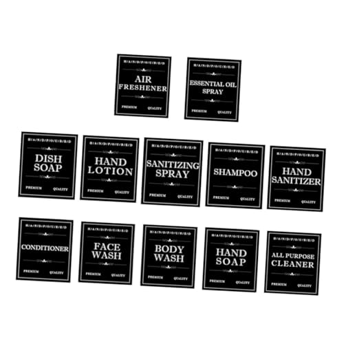 DECOMELODY 12 Hojas Etiqueta De Botella Dispensadora Baño Etiquetas De Artículos De Tocador Agua Etiquetas Cosméticas Pegatinas Impermeable Botellas Recargable Autoadhesivo De Pvc Black