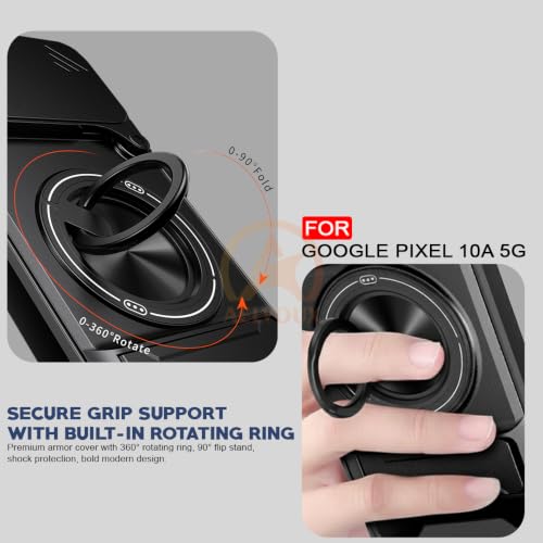 Image of Google Pixel 10A 5G Back Cover | Armor Camera Slider 360 Degree Rotating Finger Ring Holder Case with Bracket Stand Back Case Cover (Compatible with MagSafe Accessories) (Black)