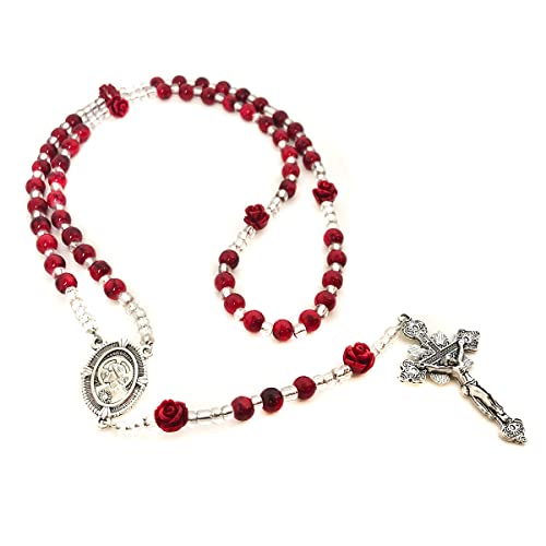Catholic Christian Sacred Heart of Jesus Red Rose Rosary and Rosary Bracelet Set - Rosary & Virgin Mary Our Lady of Graces Medal Bracelet
