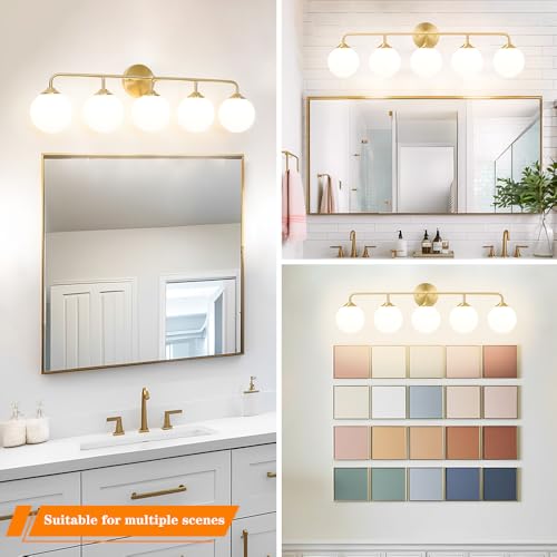 Image of Modern Brushed Brass 5-Lights Bathroom Vanity Light, Lighting Fixtures Over Mirror with Milky White Glass Ball Shades, Wall Sconces for Bathroom Dressing Table Bedroom