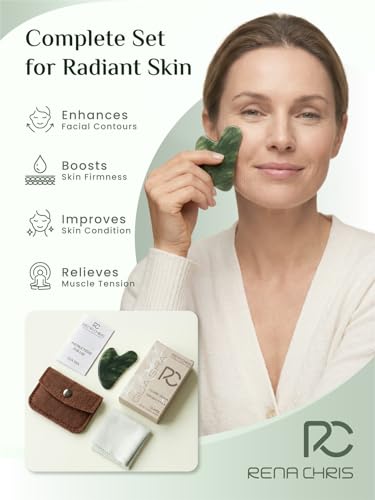 Image of Rena Chris Gua Sha Facial Tools, Xiuyan Jade Guasha Tool for Acupuncture, Manual Massage Tool for Jawline Sculpting and Puffiness Reducing, Gua Sha Facial Massage Tool, Skin-Care Gift (Dark Green)