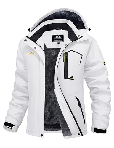 MAGCOMSEN Damen Winterjacke Skijacke Parka Thermojacke Laufjacke Warme Wasserdicht Winddicht mit Fleece Kapuze Weiß M