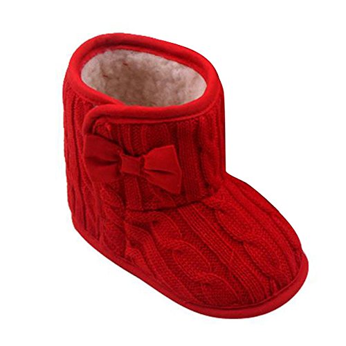 Clearance 3-12 Months Baby Booties, Winter Warm Cozy Fleece Knitted Boots Soft Sole Bowknot Prewalker Snow Shoes (Red, 6-9 Months/Length:4.9